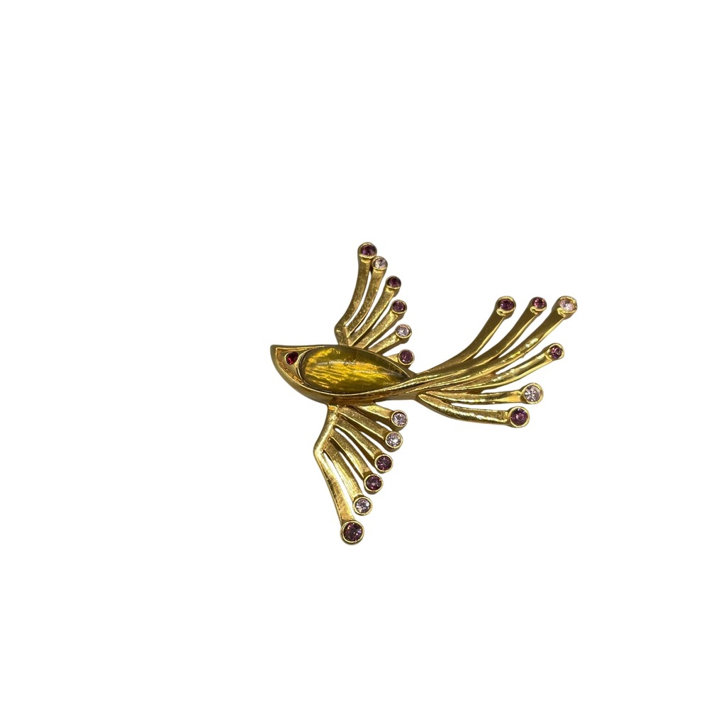 Vintage Gold Tone Bird Brooch Amber Cabochon Pink Purple Rhinestone Mid Century
